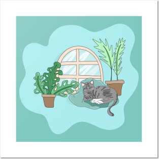 Cozy Gray Cat with Blanket in Front of Arched Window with Plants, Made by EndlessEmporium Posters and Art